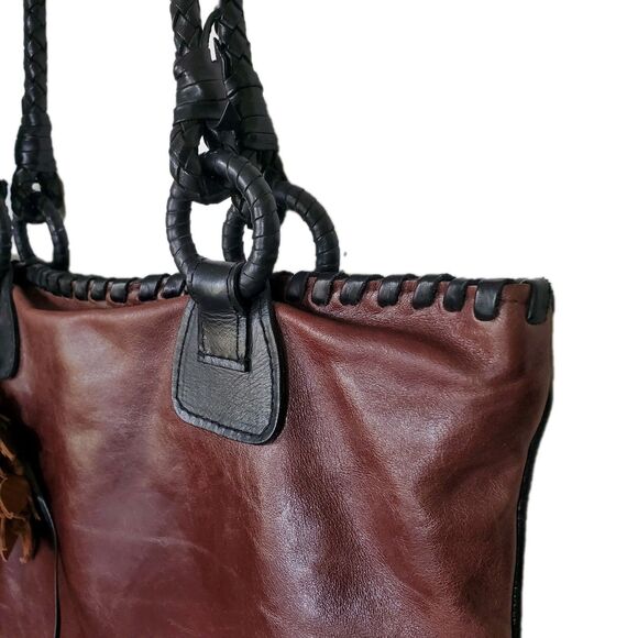 Anthony Luciano Wine Leather Tote Shoulder Bag Charm Penny Woven Trim Straps Lg - Picture 5 of 16
